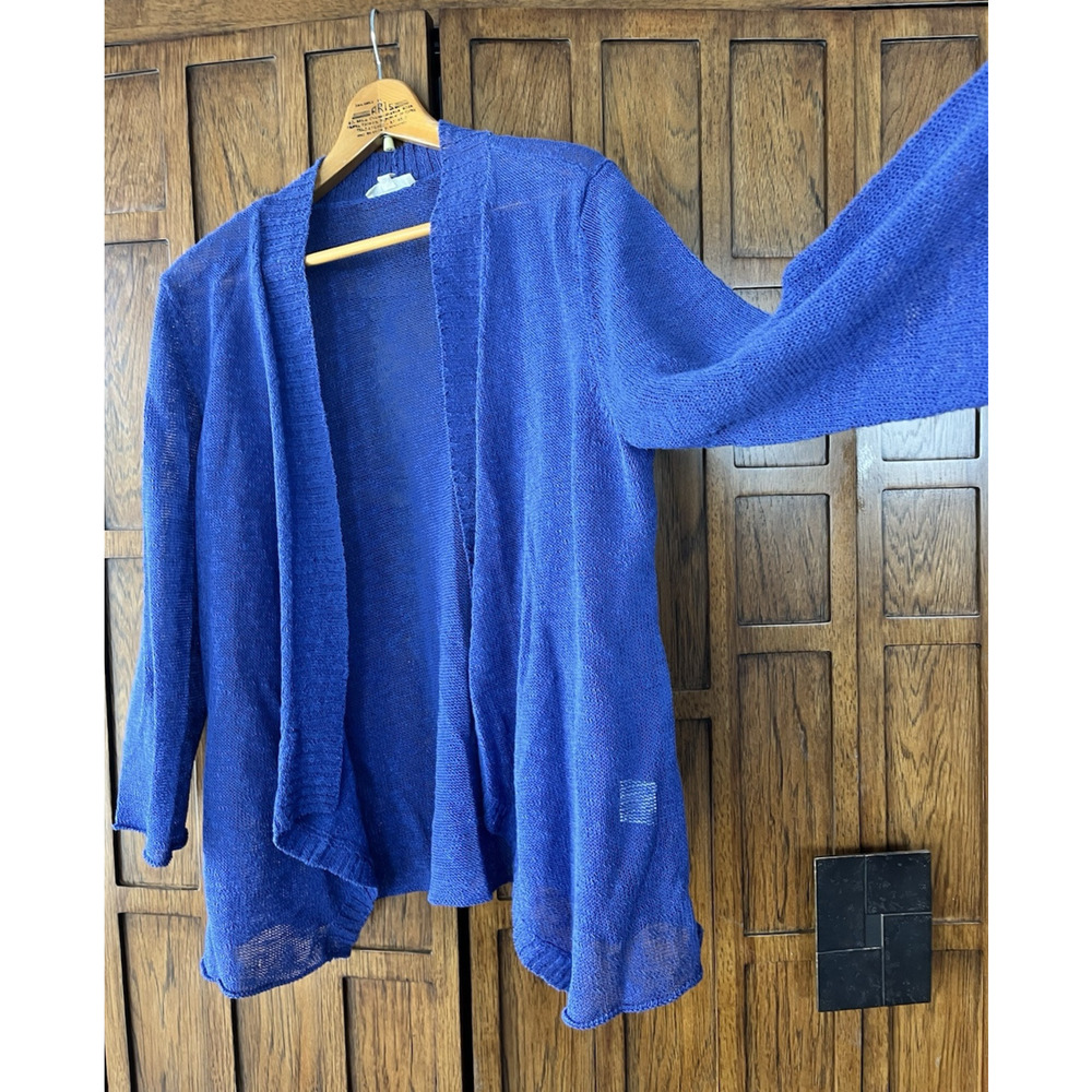EILEEN FISHER Linen Blend Cardigan Size L Open Front Knit Purple Lightweight